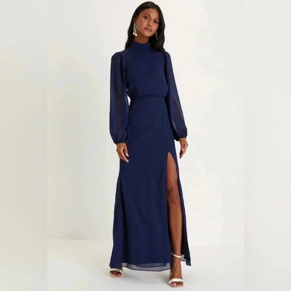 Lulus Graceful Entrance Navy Blue Long Sleeve Backless Maxi Dress Sz XS nwot - Picture 1 of 3